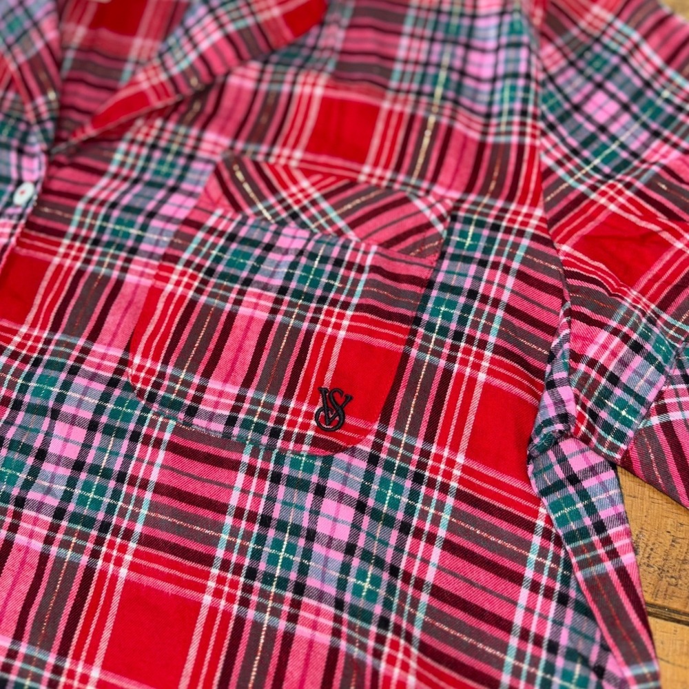 NWT Victoria's Secret Womens Red Plaid Short Sleeve Lightweight Pajama Top L - Picture 2 of 8